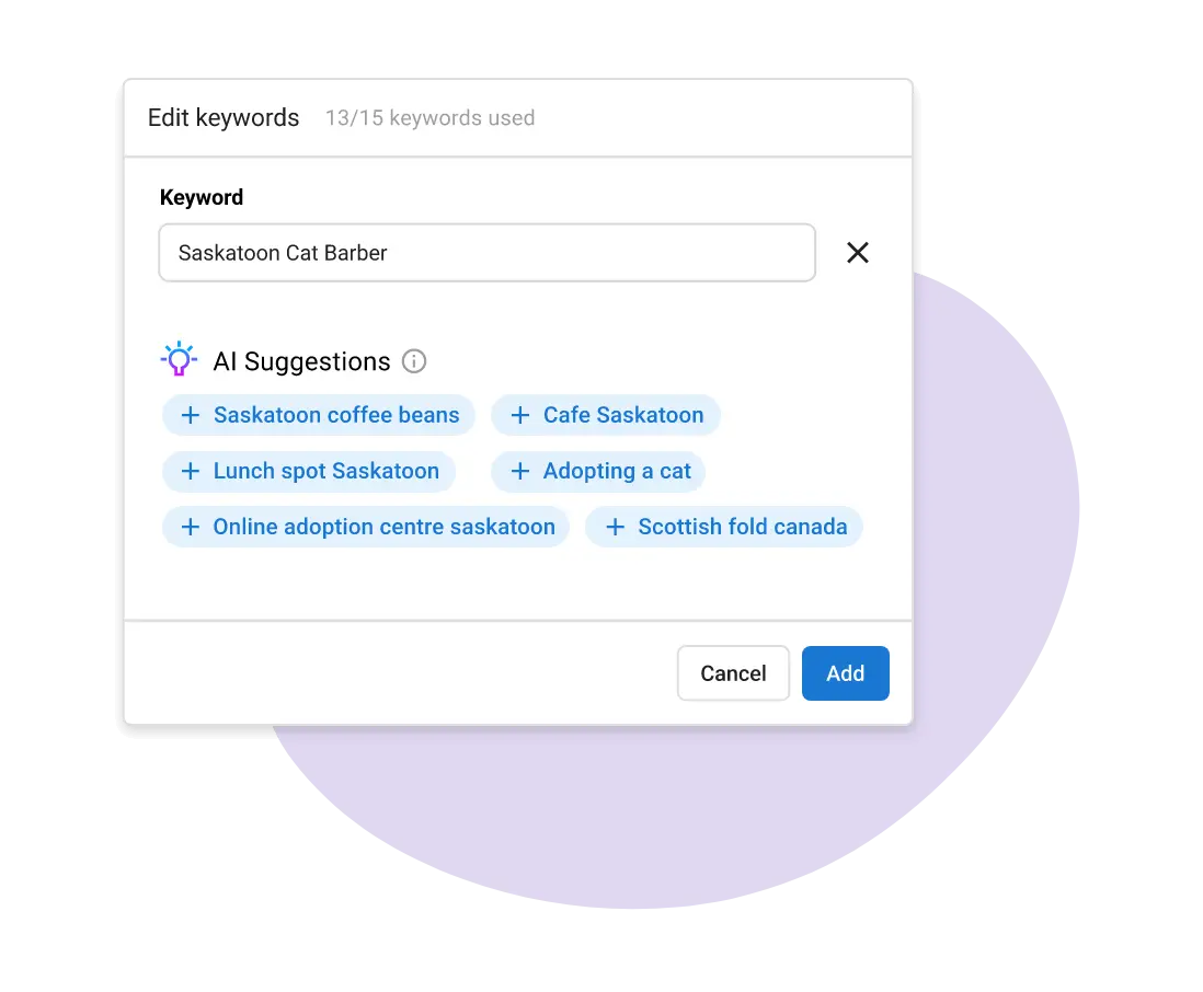 Keyword research and AI-powered suggestions for improving local SEO for home service franchises visibility.