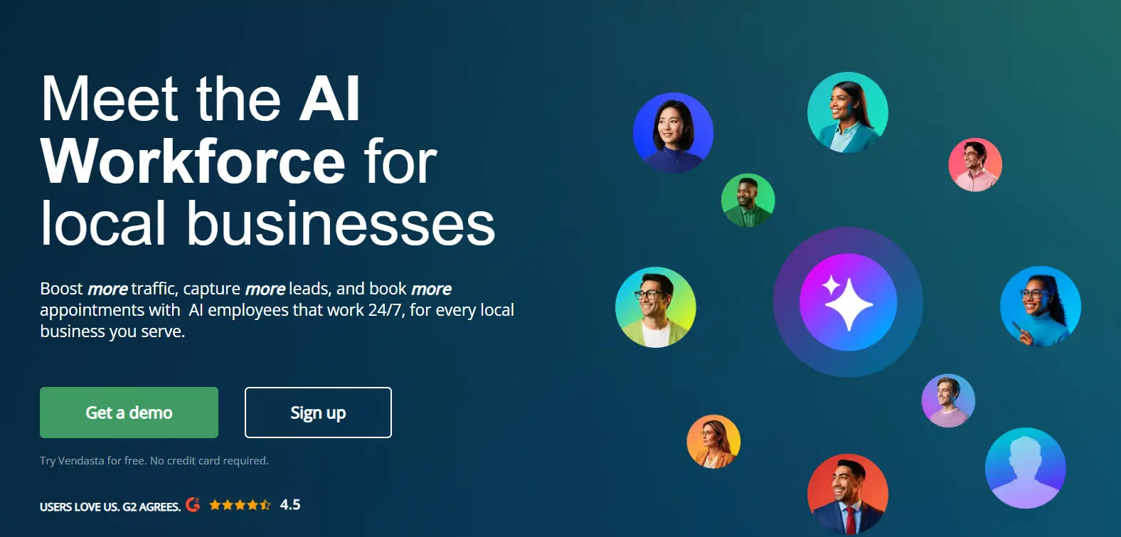 Vendasta AI Workforce platform homepage showing AI employees that help local businesses capture leads 24/7.