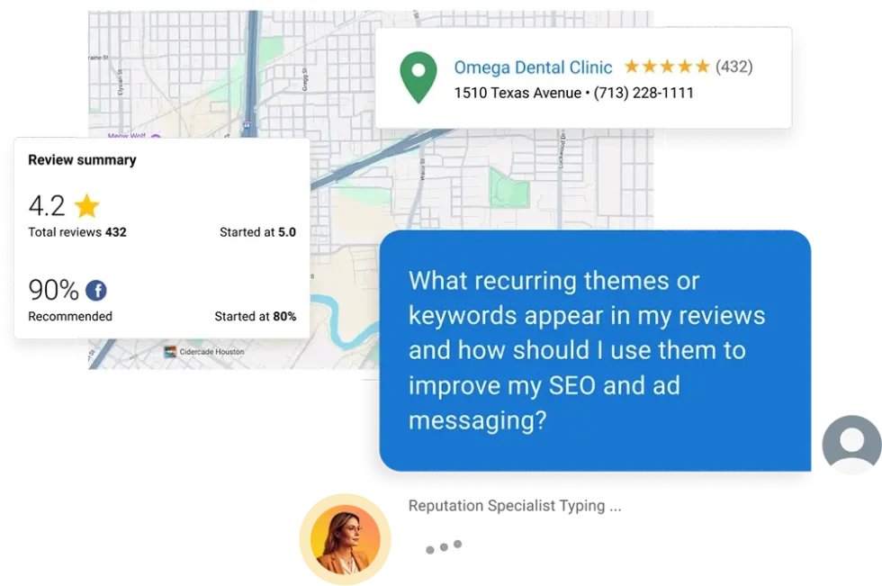white-label-ai-agents-local-visibility-review-insights-vendasta AI analyzing customer reviews and local visibility data to improve business performance.