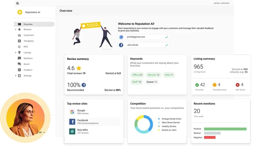 white-label-ai-agents-reputation-overview-dashboard-vendasta Reputation management dashboard showing reviews, ratings, and customer sentiment insights powered by AI.