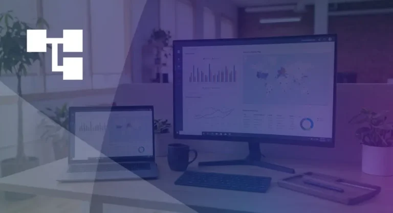 Desktop and laptop screens displaying franchise management analytics dashboards with network performance charts and location data