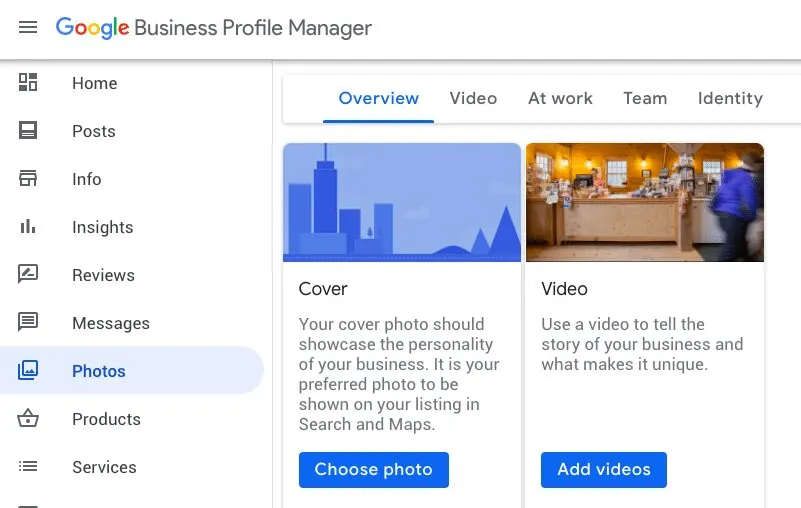 Google Business Profile manager showing photos, videos, posts, reviews, and business insights