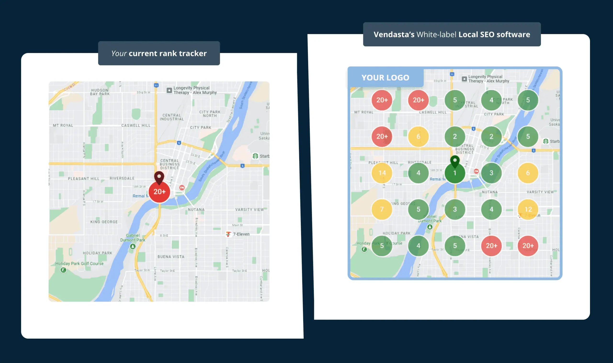 Local SEO rank tracker comparing current and improved search positions across locations