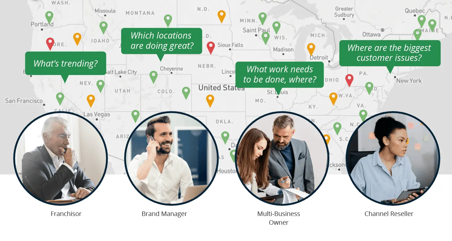 Multi-location franchise SEO map showing performance across different business locations