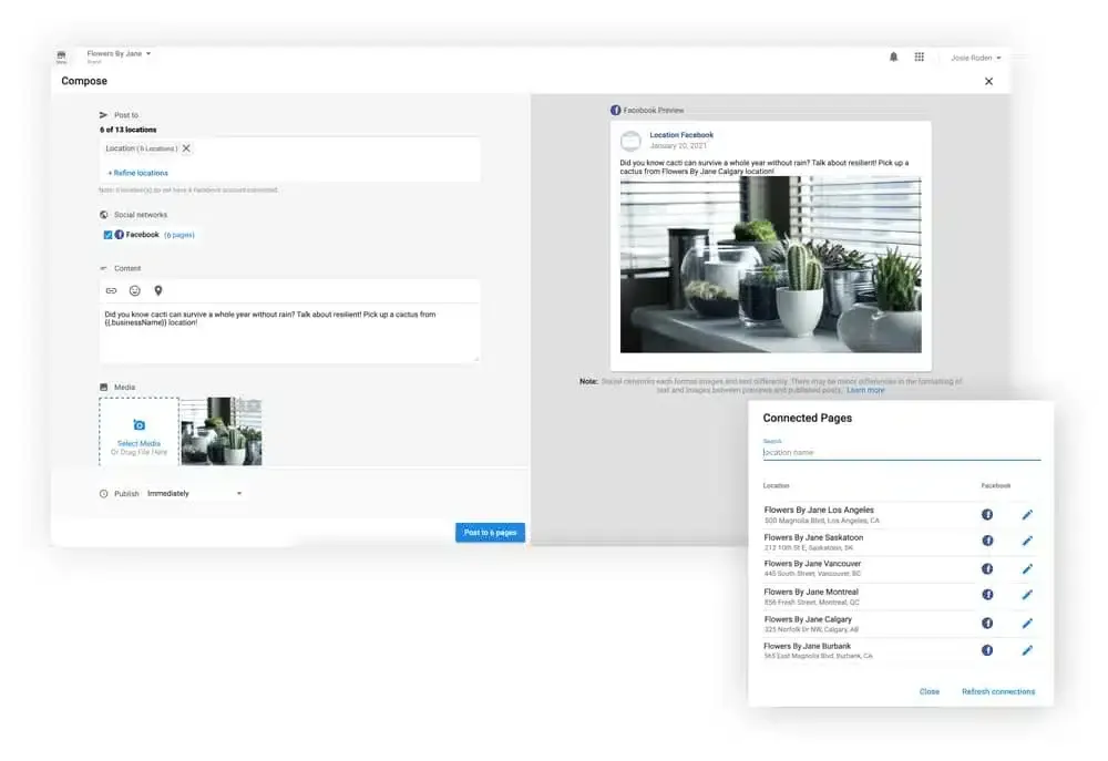 Multi-location franchise social media posting dashboard for Facebook campaigns