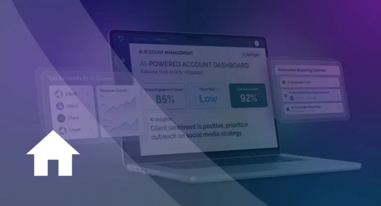Agency Owner’s Guide to AI Account Management AI-powered account management dashboard displaying client engagement scores, churn risk, and task automation metrics.