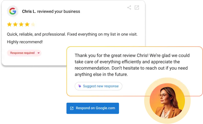 Screenshot of a review management interface displaying a four-star Google review from Chris L. alongside a suggested AI-generated response, with options to suggest a new reply or respond directly on Google.com.