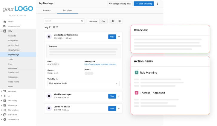 AI agency business model transforms sales calls into AI-generated summaries, action items, coaching insights, and meeting analytics.