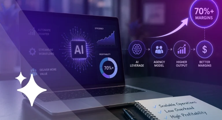 AI agency business model showing how AI leverage helps agencies increase efficiency, deliver higher output, and achieve 70%+ profit margins with scalable operations.