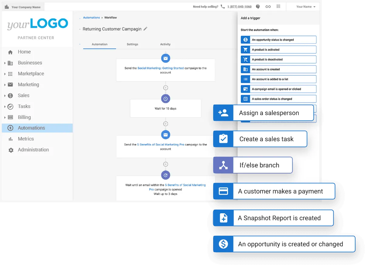 No-code automation builder for creating workflows, CRM automations, and customer lifecycle triggers.