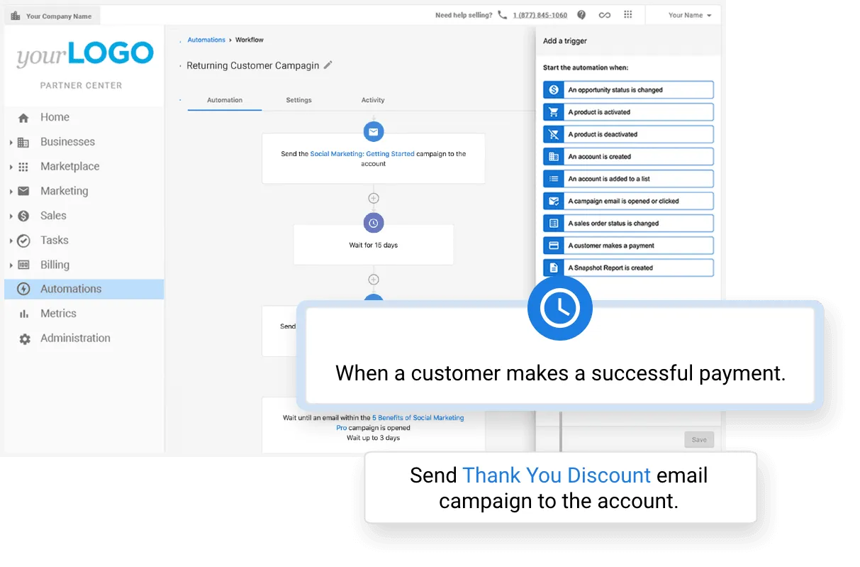 Automated workflows that trigger customer campaigns, follow-up emails, and business processes based on user actions.