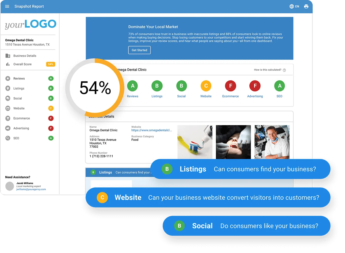 Snapshot Report helping agencies identify local SEO, listings, reviews, and website opportunities for clients.