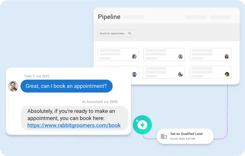 AI assistant answering an SMS appointment request and updating the sales pipeline
