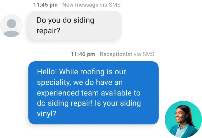 AI Receptionist automatically replying to a customer's SMS question about siding repair