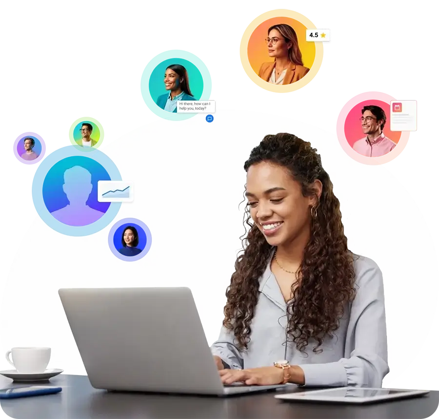 Agency owner at her laptop surrounded by AI employee avatars, including a chatbot, reviews, and CRM icons