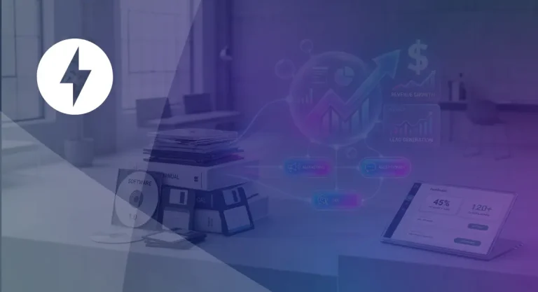 Old software manuals and floppy disks fading into an AI dashboard showing revenue growth and lead generation gains