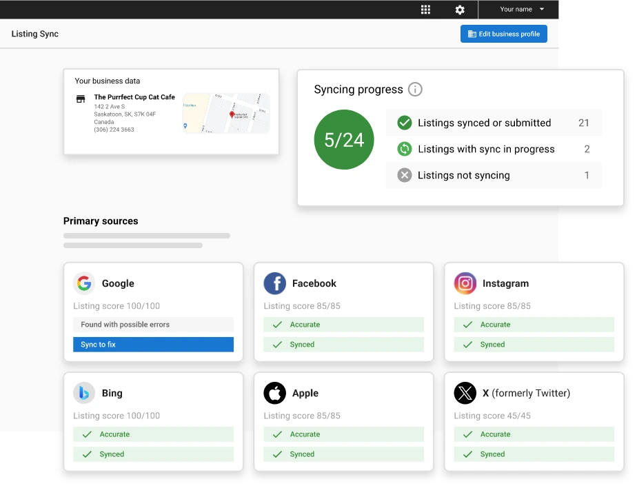 ai-seo-tools-for-small-business-effortless-listing-management-vendasta Local listing management dashboard showing business data accuracy across search platforms
