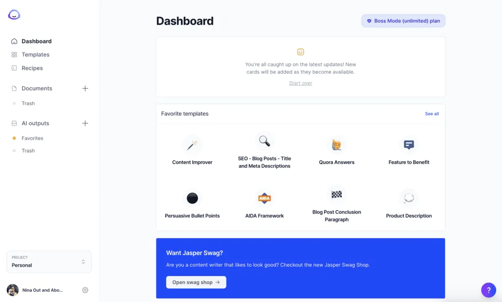 ai-seo-tools-for-small-business-jasper-dashboard-view-vendasta Jasper AI dashboard with content templates for SEO writing and optimization