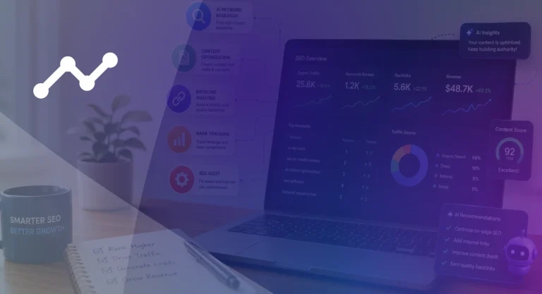 AI SEO dashboard showing keyword research, content optimization, rankings, backlinks, and traffic growth for small businesses.