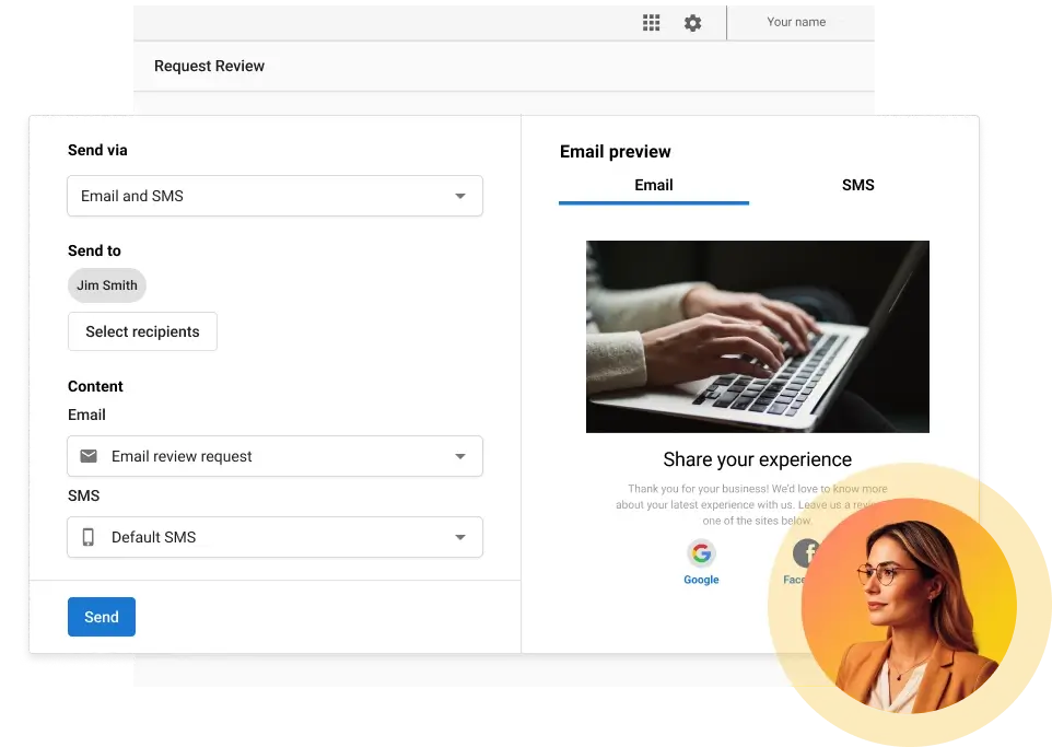 automated-review-request-review-request-with-ai-reputation-specialist-vendasta Automated review request sent to customers through email and SMS after a transaction.