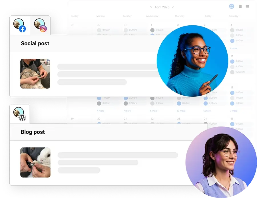 Social AI scheduling posts across social media and blog content calendars