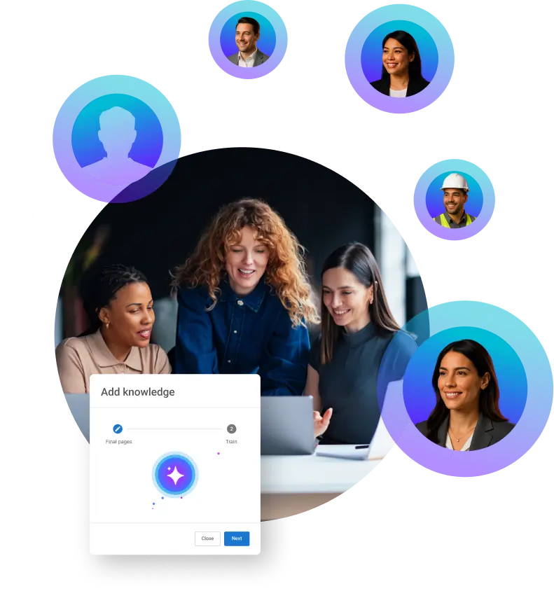 Custom-AI-Employee-page-hero-img Custom AI Employee setup with an Add knowledge training step, a team working at a laptop, and role-based avatars representing AI teammates