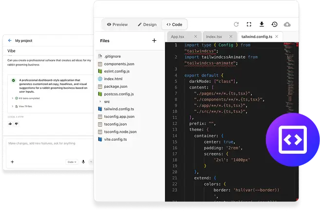 Vendasta-Vibe-edit-your-way Vendasta Vibe app builder with a chat prompt beside project files and code, used to build tools like a proposal generator for AI teammates