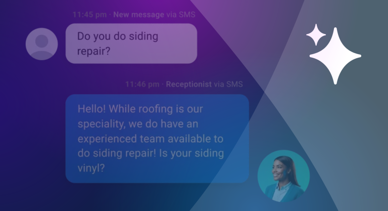 ai-agents-for-small-businesses-vendasta-cover-1 SMS conversation showing an AI receptionist for small businesses instantly answering a customer's late-night siding repair question