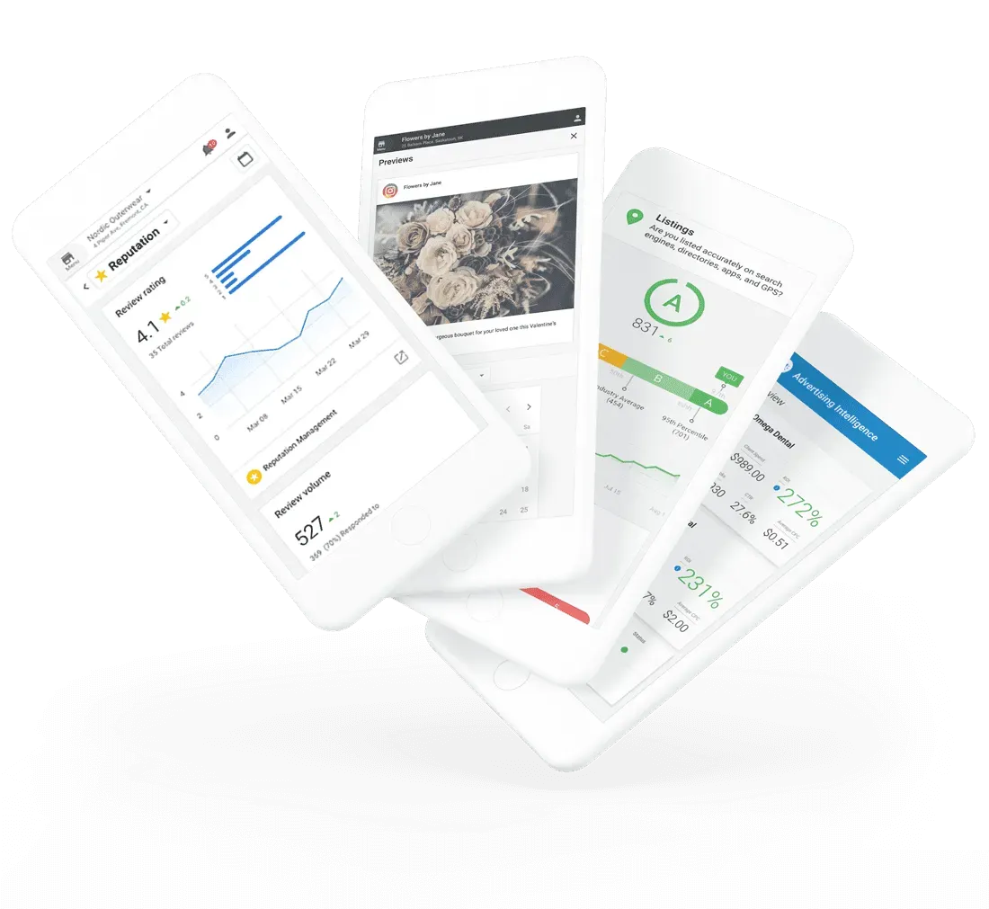 business app Vendasta Business App client portal on four phones showing reviews, social posts, listings, and ad results that AI teammates can draw from