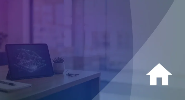 AI for Real Estate Agents AI for real estate agents: tablet showing a 3D wireframe house on a desk beside house keys, with a white home icon on a purple overlay