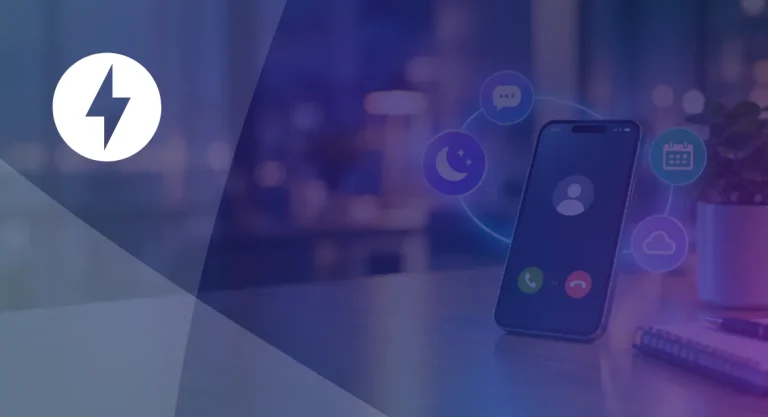 After Hours Answering Service How to Stop Losing Calls at Night and on Weekends_ Smartphone with an incoming call on a desk at night, ringed by icons for after-hours answering, messaging, calendar booking, and sync