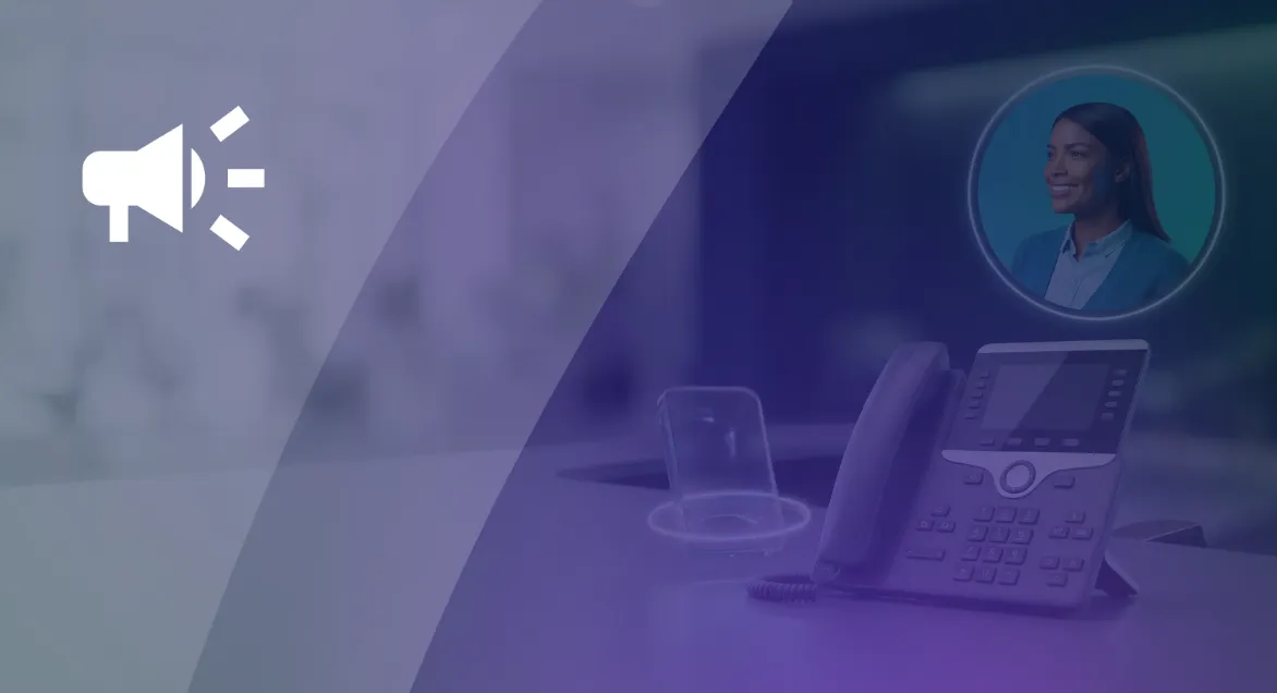 Business Voicemail Greetings and Script Templates for Every Scenario Business desk phone on an office table with an AI Receptionist avatar, illustrating business voicemail greetings and live call answering