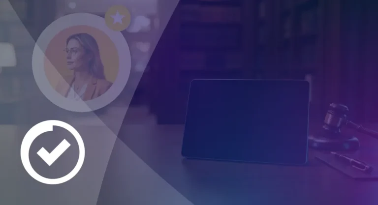 Managing Online Reputation for Lawyers A Compliant Workflow AI Reputation Specialist avatar with a star badge next to a tablet and judge’s gavel on a law office desk, with a checkmark icon