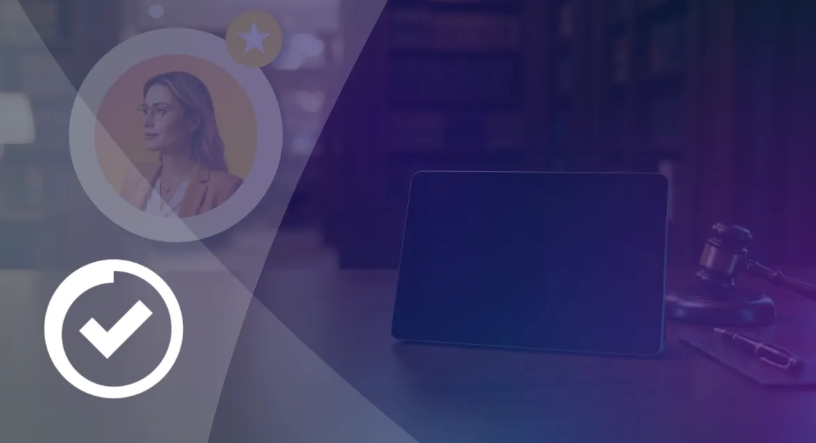 AI Reputation Specialist avatar with a star badge next to a tablet and judge’s gavel on a law office desk, with a checkmark icon
