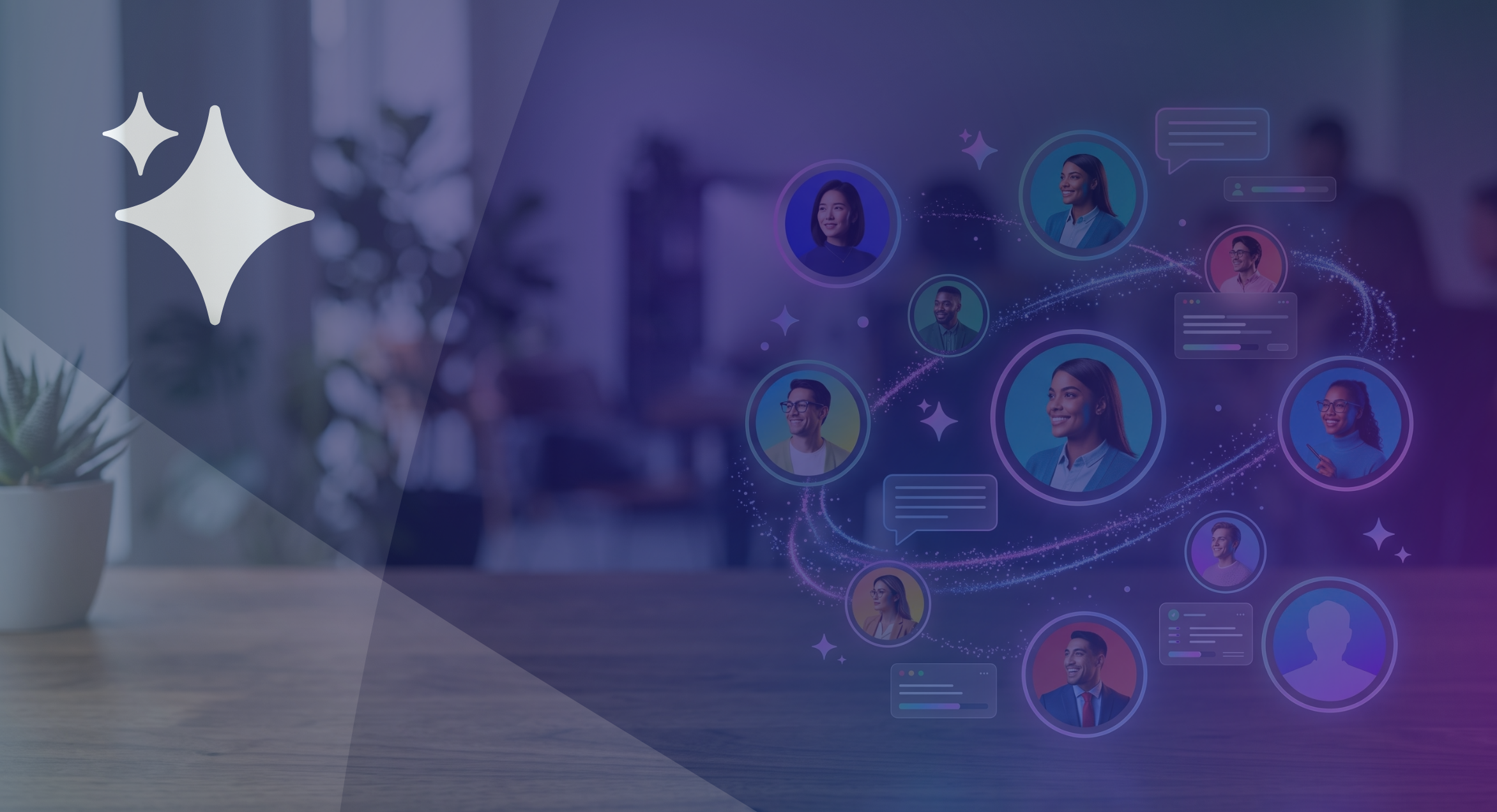 AI agents for marketing shown as a network of AI Employee avatars connected by glowing data streams, with chat messages and task cards between them