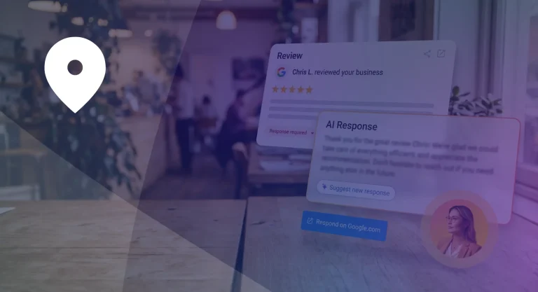 google-review-reply-policy-ai-vendasta-cover AI-drafted Google review reply to a five-star customer review, shown over a blurred local business interior