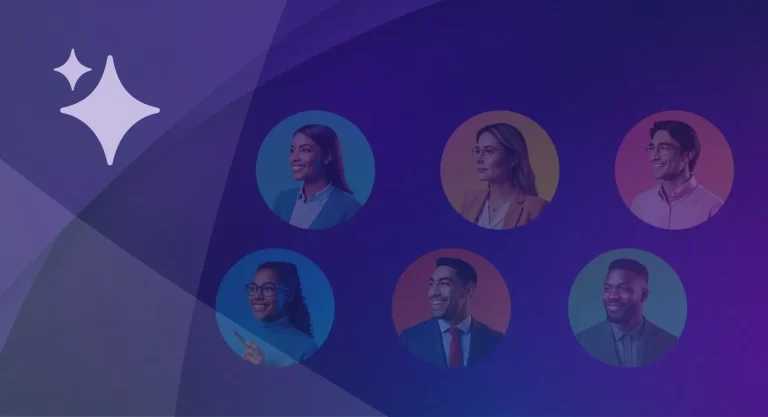 what-is-an-ai-employee-vendasta Six AI employee avatars in colored circles on a purple background with a sparkle icon, representing Vendasta's AI Workforce