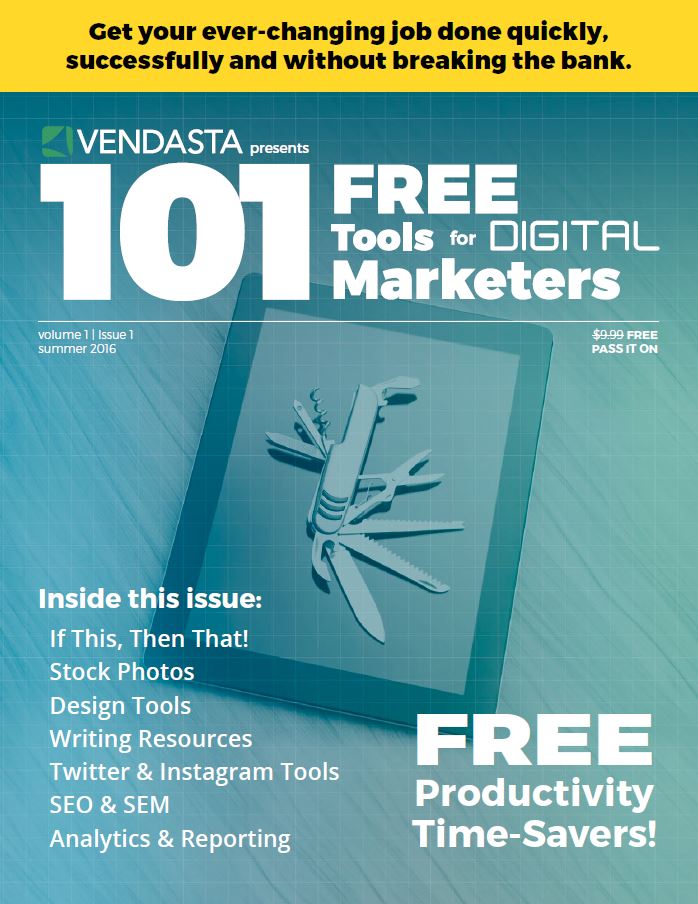 Vendasta’s 101 Free tools for digital marketers guide displayed as a magazine booklet