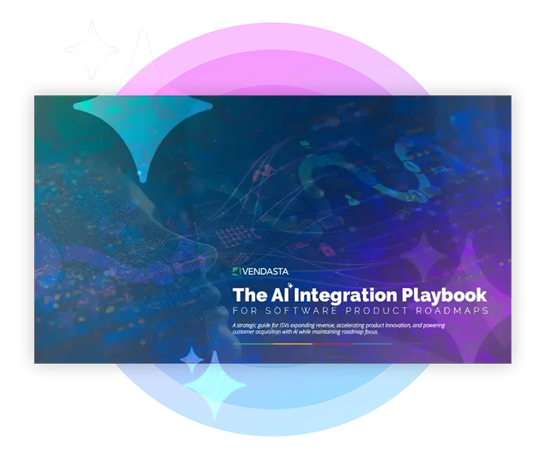 Colorful graphic featuring AI integration playbook for software.