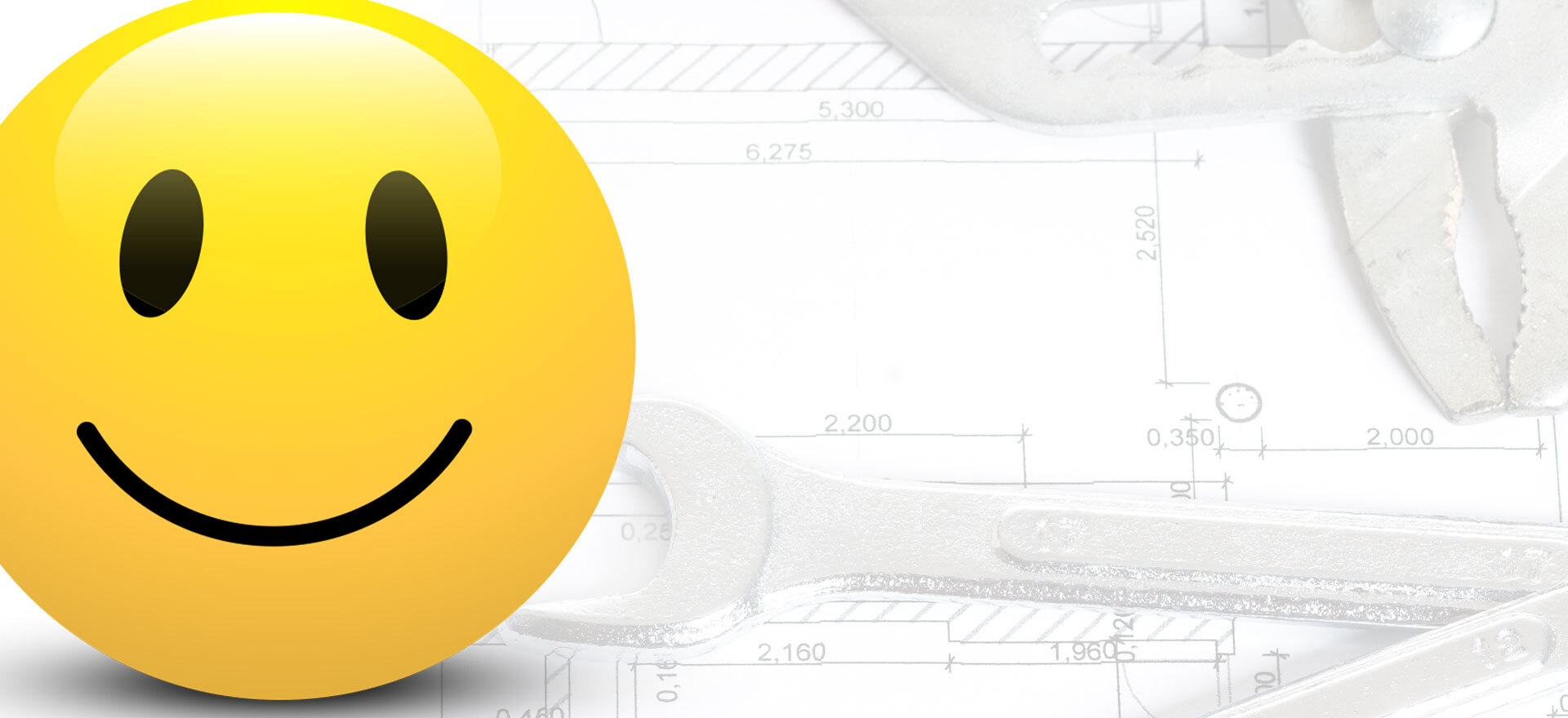 A large yellow happy face in front of a technical drawing and customer success tools like a wrench.