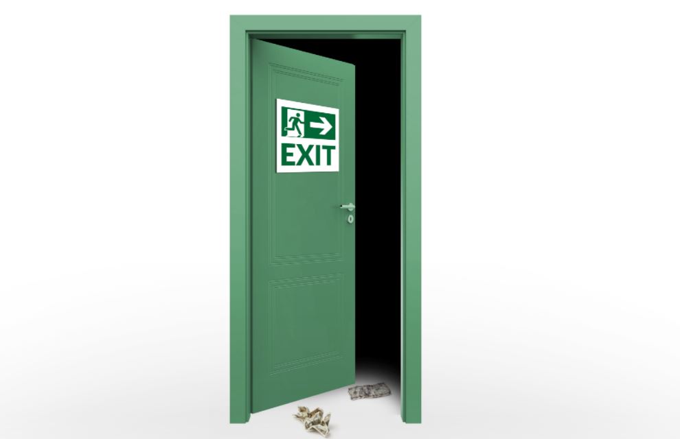 A opened green door with an exit sign, indicating clients churning