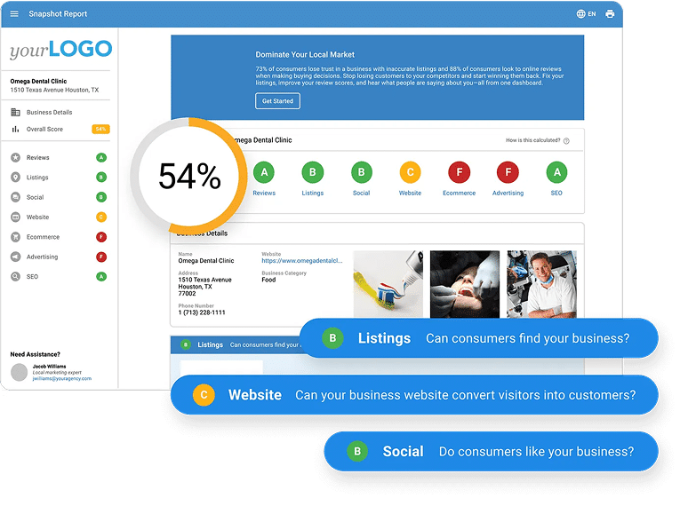 Snapshot Report showing automated results of a business's online presence