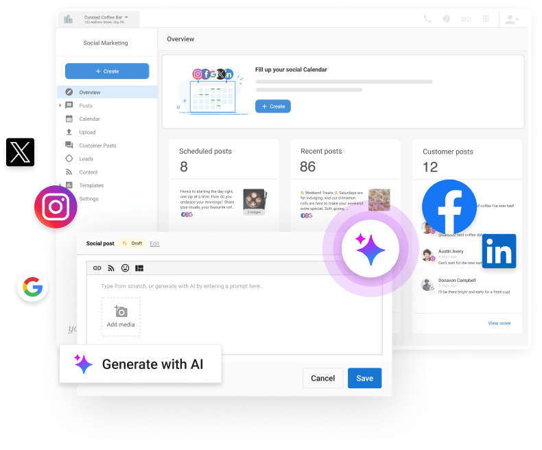 Dashboard of Social Marketing showing AI generative post assistance