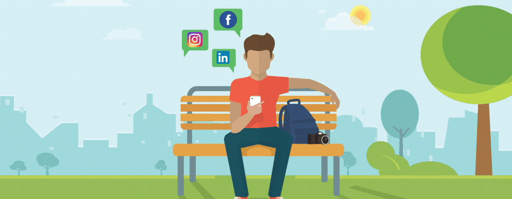 Social media tips, man sitting on bench using his phone on social media apps