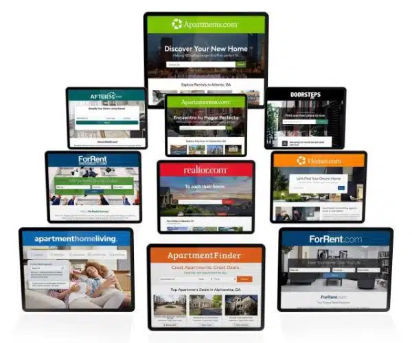 Tablets showing different websites associated with Apartments.com