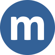 Circular logo with lowercase "m" in white on blue.