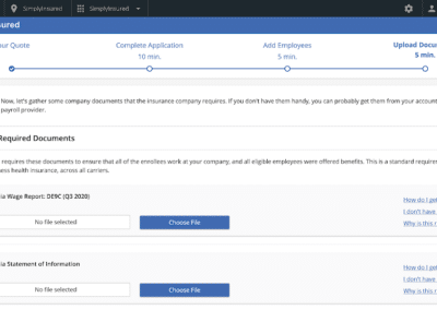 Simply Insured upload documents screen