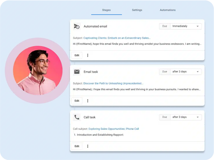 Task management interface with emails and call tasks.