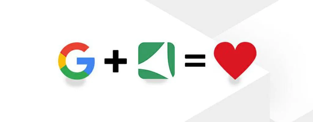 Google logo, green logo, plus sign, heart symbol.