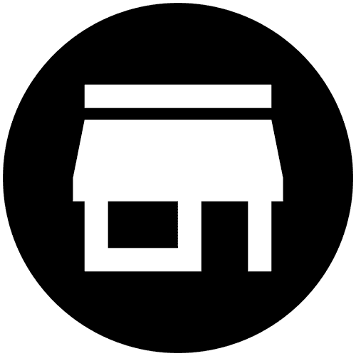 White storefront icon on black background.